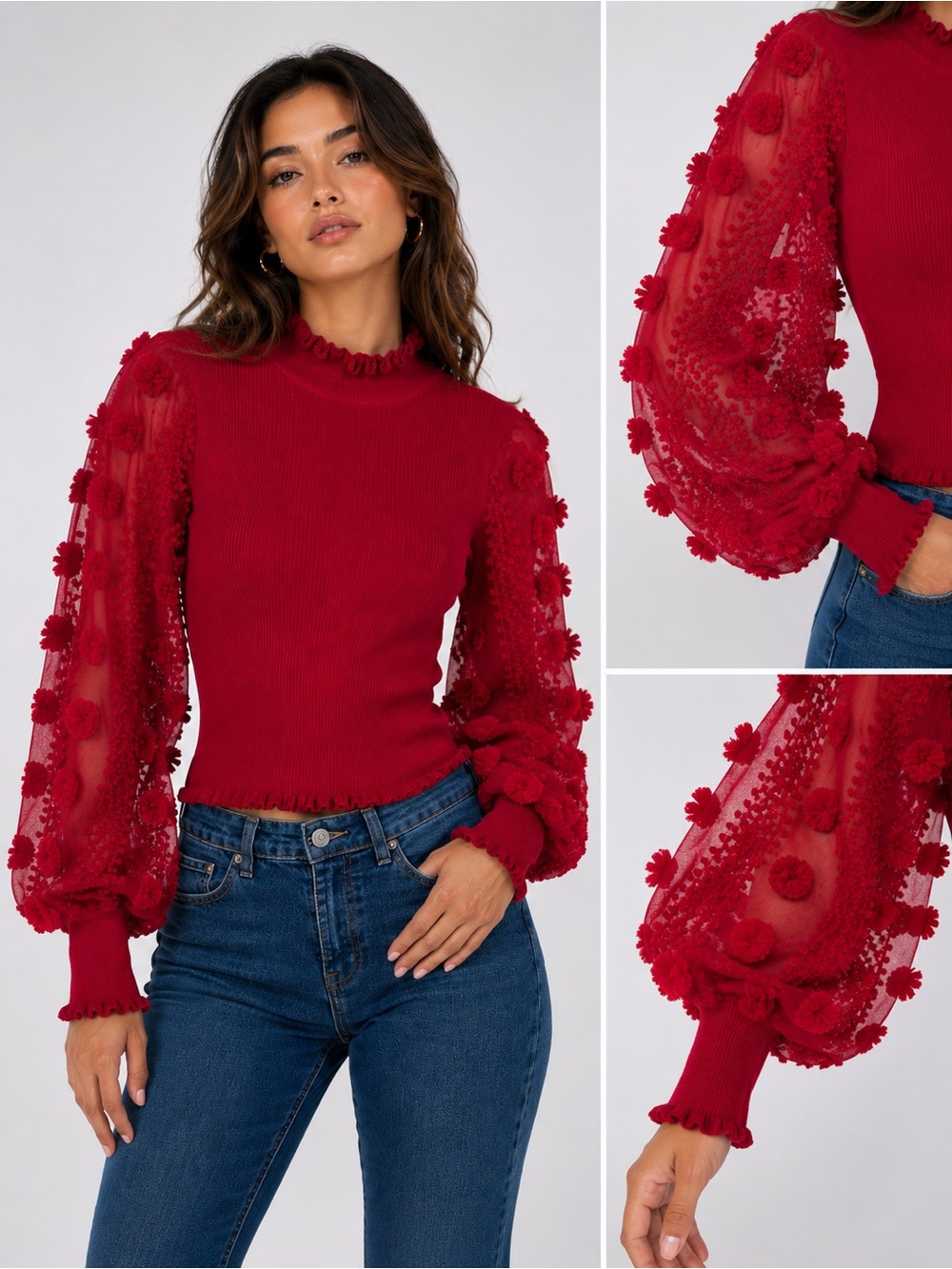 Almost Famous Red Floral Puff Sleeve Sweater Sheer Balloon Sleeve Size S